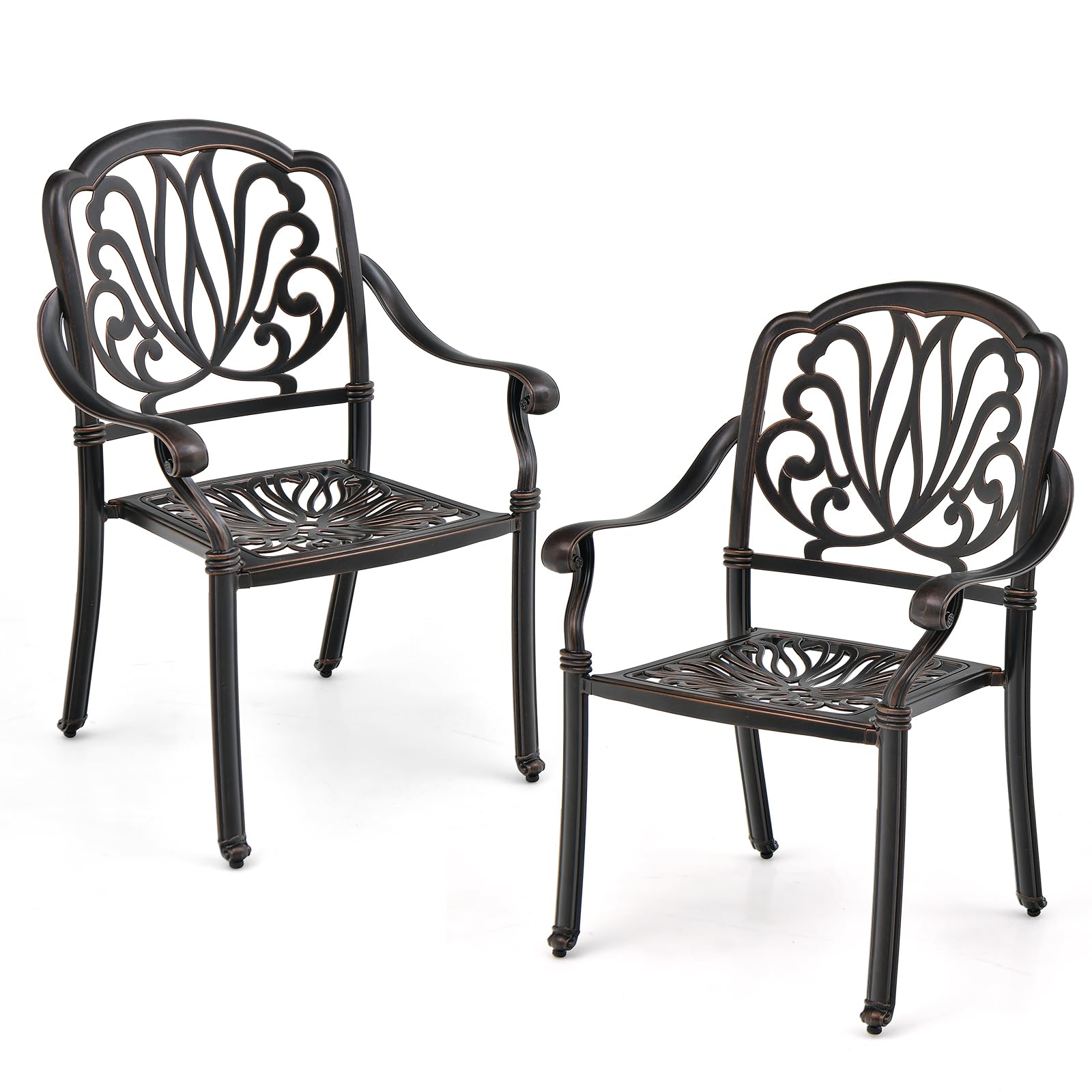 Tangkula Lot de 2, Lot de 4 chaises de salle à manger de terrasse en fonte d'aluminium, chaises de salle à manger d'extérieur empilables avec accoudoirs